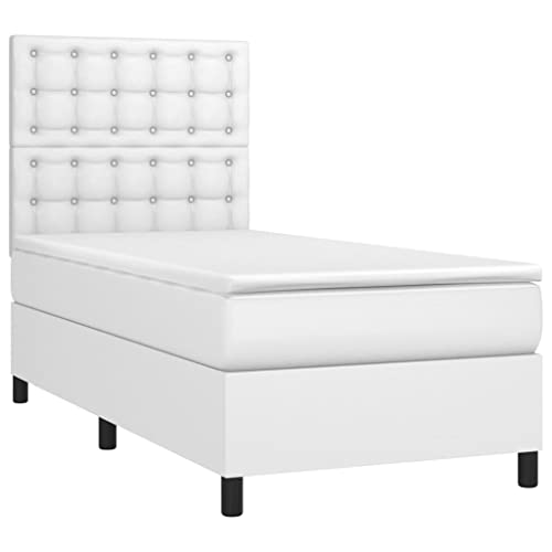 vidaXL Boxspringbett mit Matratze LED Kunstlederbett Polsterbett Einzelbett Bett Schlafzimmerbett Bettgestell Bettrahmen Lattenrost Hotelbett Weiß 100x200cm