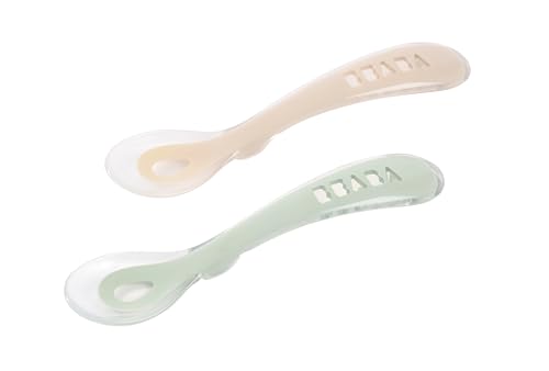 BÉABA, Lot de 2 Cuillères en Silicone Bébé/Enfant 2ème âge, à partir de 12 mois, Souple, Bout arrondi, Manche long et Ergonomique, Boite de transport...
