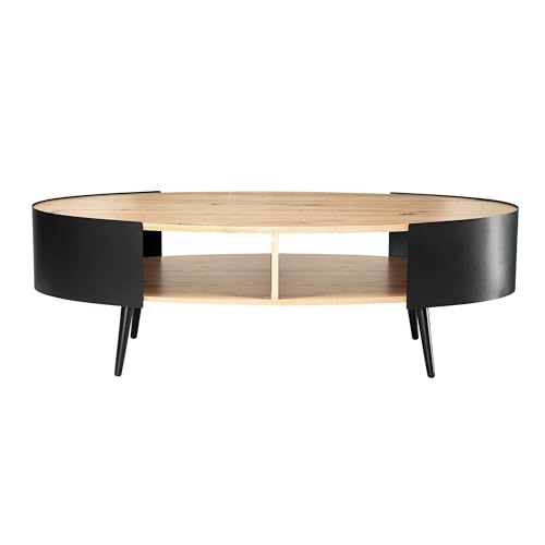 Calicosy – Table Basse Ovale 2 Niveaux – Pieds et Flancs en Métal Noir – Plateau Décor Bois – Collection Eklo – Salon – L 120 x P 60 x H 39 cm