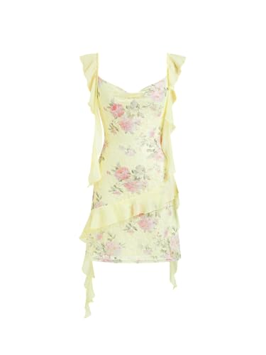 CIDER Womens Floral Mini Dress Ruffle Cowl Neck Cute Summer Dresses Wedding Guest Dress Trendy Date Vacation Outfits: Light Yellow M
