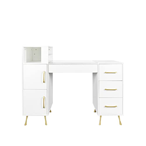Furnicare Manicure Table, Nail Makeup Desk With Drawers, Nail Table For Nail Tech, Makeup Storage, Resistant Beauty Salon Desk Nail Art Equipment With Metal Handles, Golden Legs, White #TOP3