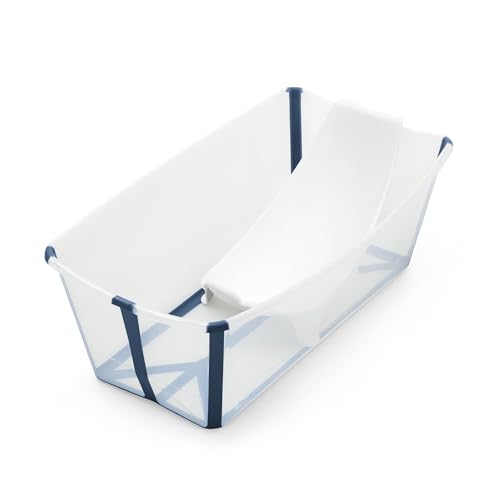 Stokke Flexi Bath (Azul transparente) con Soporte para recién nacido - Duradera y fácil de guardar - Práctica para usar en casa o de viaje - Para bebés 0 a 48 meses