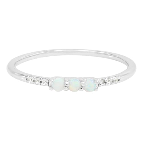 3 Stone Opal Ring for Women with Cubic Zirconia, Dainty Minimalist Stackable Promise Ring in 10K Solid Gold or 14K Gold Plated 925 Sterling Silver Jewelry Gift for Her