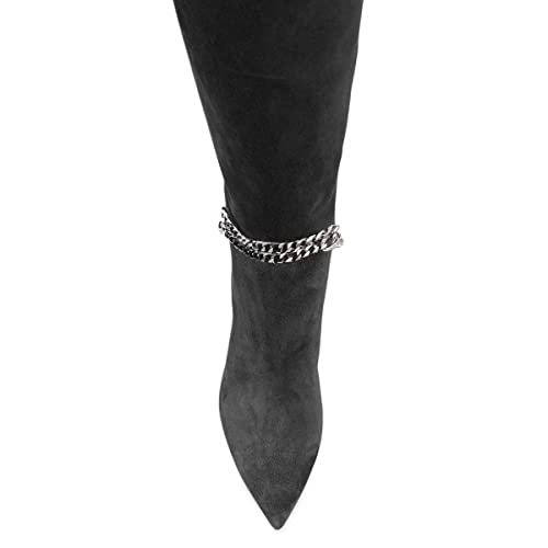 Xyd Sassy Cone Mid Heels Thigh High Boots For Women Over The Knee Stretchy Pointed Toe Stylish Baggy Winter Warm Dress Long Booties Shoes Size 12 Black-Suede Ankle Chain #TOP3