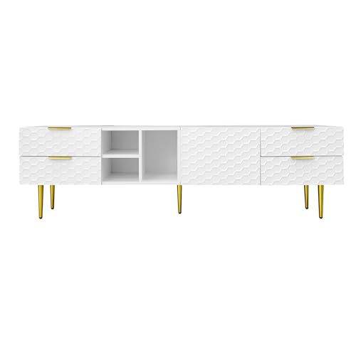 Generisch Mueble de TV moderno con puertas texturizadas, 4 cajones y detalles dorados, armario multimedia blanco y dorado para salón elegante (170 x 40,3 x 49,9 cm, tablero de partículas)