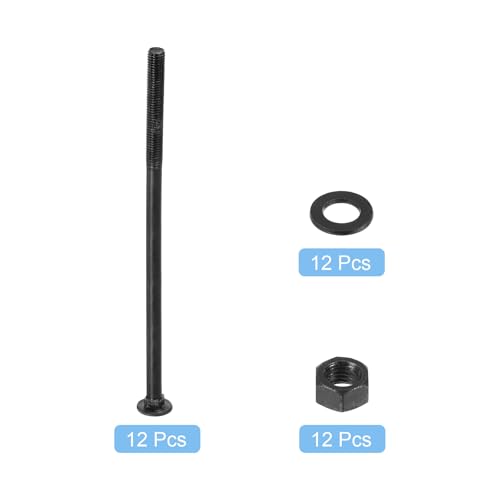 Image of uxcell M12 x 245mm Carriage Bolt Kit, 12 Set Round Head Square Neck Screws, Carriage Bolts Screws Set Includes Washers and Nuts - Carbon Steel Black Oxide for Fastening Accessories