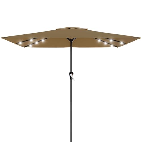 Image of AreShark 8' X 10' Rectangular Patio Umbrella with Solar Lights, Lighted Solar Umbrella with Crank, Outdoor Table Umbrella for Garden, Deck, Backyard, Pool and Beach, Khaki