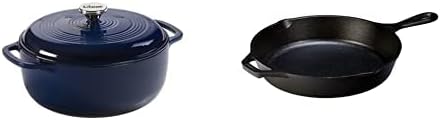 Lodge Enameled Dutch Oven, 6 Qt, Indigo & Pre-Seasoned Cast Iron Skillet, 10.25'', Black