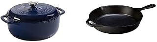 Enameled Dutch Oven, 6 Qt, Indigo & Pre-Seasoned Cast Iron Skillet, 10.25'', Black