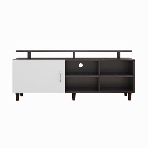 Image of VIKI Modern TV Unit for Living Room | Engineered Wood TV Cabinet with 1 Door Storage, 2 Open Shelves & Extension, Entertainment Unit, 140W x 48H x 40D cm | DIY | 1 Year Warranty (Wenge & White)