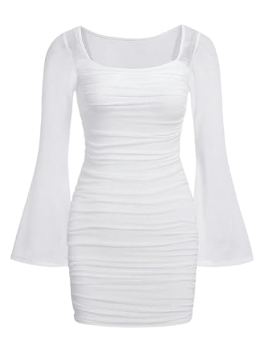 Floerns Girl's Square Neck Bell Long Sleeve Pencil Dress Ruched Short Bodycon Dresses