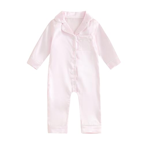 Image of Multitrust Newborn Baby Girl Boy Silk Pajamas Long Sleeve Button Down Satin Infant Pjs One Piece Jumpsuit Loungewear
