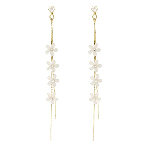 Unique Chic Long Tassel Chain Flower Drop Earrings 925 Silver Needle Post Back Linear Dangle Dainty Floral Long White Jewelry Gifts