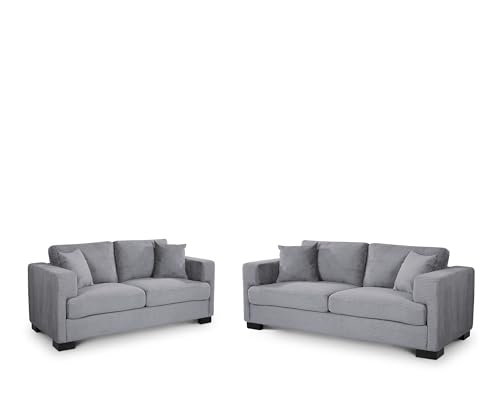 House of Velvet Grey Plush Cord Fabric Sofa 3 Seater and 2 Seater Set – 158 cm + 197 Cm Wide Couches Set, Durable Fabric & Removable Cushions, Compact Quality Modern Rectangular Living Room 3 2 Suite