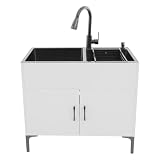 Goddlgjik Freistehende Küchenspüle mit Armatur Edelstahl Spültisch mit 2 Becken (Weiß)