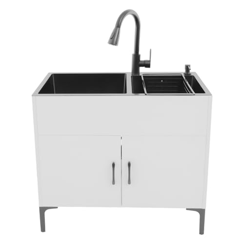 Évier en acier inoxydable - Double lavabo autoportant avec robinet, panier d'égouttement, meuble inférieur, distributeur de savon, évier de cuisine (blanc, 81 x 43 cm)