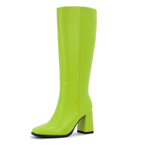 Image of Knee High Boots for Women - Wide Calf Boots with Zipper, Square Toe Tall Leather Boots, Chunky Heel Fashion Long Boots