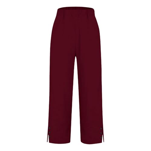 Women's Mid - Length Linen Trousers, Button - Trimmed Slit Hem, Breathable for Casual Looks4