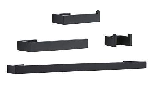 aBrilliantLife 4-Piece Set Towel Bar Toilet Paper Holder Towel Holder Robe Hook Bathroom Hardware Accessory Premium SUS 304 Stainless Steel Wall Mounted (Black Square)