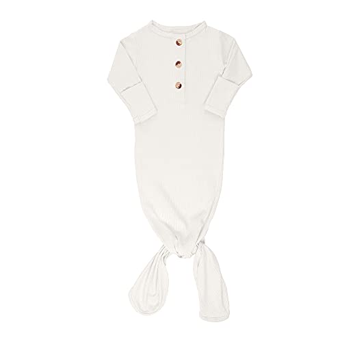Image of ELIVIA & CO. Knotted Gown Newborn Baby Gowns Baby Boy Clothes or Girl - Baby items Newborn Baby Sleeper (Ribbed White)