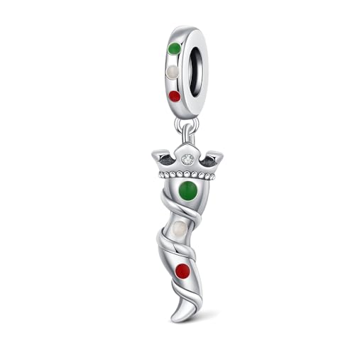 KEQ Ciondolo in argento Sterling 925 a forma di cornetto Italy peperoncino, per braccialetti Pandora charm a forma di corno blu contro il malocchio amuleto gioiel (cornetto Italy peperoncino)