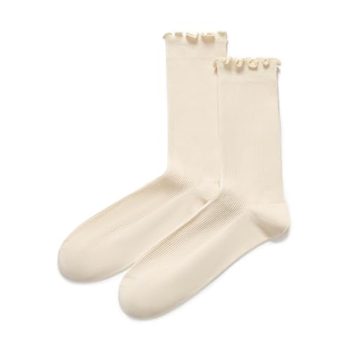 Image of BEAU TODAY Womens Ruffle Crew Socks, Lovely Slouchy Soft Frilly Lettuce Trim Turn Cuff Cotton Calf Socks for Women Apricot