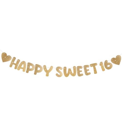 Happy Sweet 16 Banner, Gold Pre-Strung Sweet Sixteen Party Decorations Glitter Cute 16th Birthday Party Sign for Girls Sixteenth Birthday Supplies Decor for Birthday Bachelorette Party Photo Props
