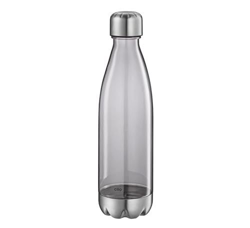 cilio Botella elegante gris transparente | 700 ml | Tritan/acero inoxidable satinado | libre de BPA | apta para ácido carbónico | a prueba de roturas y fugas | con tapón de rosca | bebidas hasta 50 °C