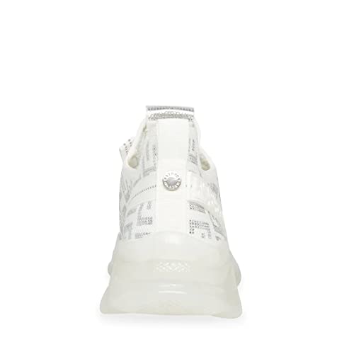 Steve Madden Maxima Sneakers Women Lace Up Rhinestone Chunky Low Top Knit Runner White/Silver