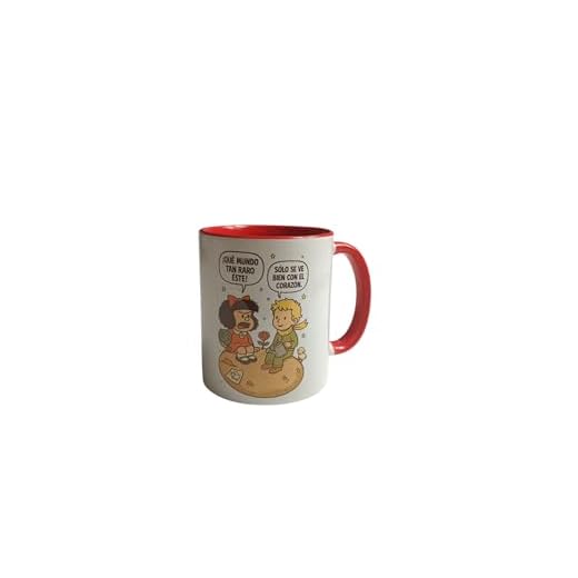 Taza Principito y Mafalda – Taza de cerámica 350ml con frases filosóficas e ilustración literaria – Regalo original para lectores, profesores, amigas o fans del humor gráfico