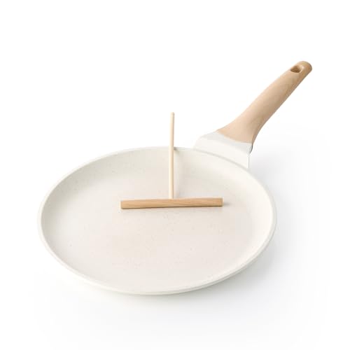 Kordisen Sartén antiadherente para crepes de 26 cm con esparcidor, sartén plana para tortitas con revestimiento saludable para estufa, compatible con inducción, sin PFOA (blanco)