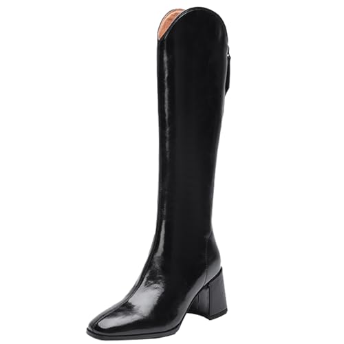 CUTEHEELS Botas altas de piel de vaca para mujer con puntera cuadrada y cremalleras traseras y tacones gruesos - 2 tipos de circunferencia de caña, Negro Eje Ancho, 40 EU