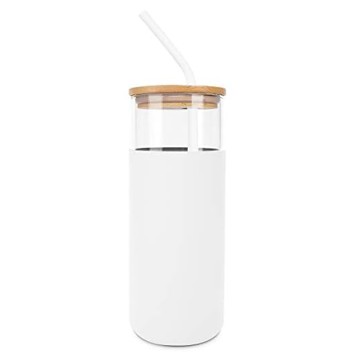 Tumbler med sugrör och lock, drickflaska glas vattenflaska med silikonskydd med bambulock, BPA-fri – 450 ml – vit