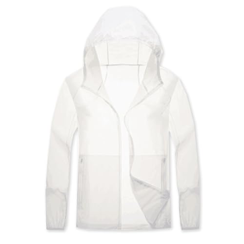 Cromoncent Jaqueta masculina com proteção solar FPS 50+ embalável, leve, com capuz e zíper, Branco,