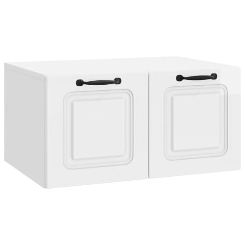 QUAHEAS Mueble de TV montado en la pared, color blanco brillante, de madera, 59,5 x 41 x 30 cm, con 2 puertas giratorias y amplio espacio de almacenamiento para salón y rincón de juegos