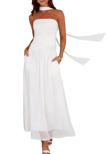 Summer Maxi Dresses for Women 2026 Strapless Ruched Tube Dress with Scarf Beach Vacation Spring Wedding Guest Dress Pockets (US Alpha Medium Regular Regular White)