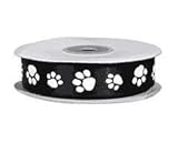 Black with White Paw Print Single Face Satin Ribbon 7/8