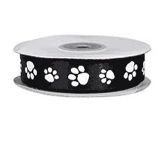 Black with White Paw Print Single Face Satin Ribbon 7/8