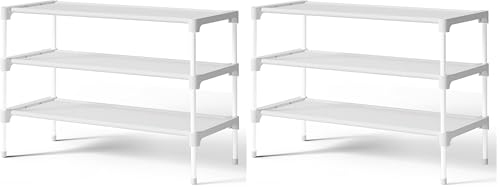 Image of Kitsure Shoe Rack - Non-Woven Shoe Rack Shelf, Shoe Organizer for Closet, Entryway, Garage & Corridor, Stackable Shoe Shelves, 27.5 inch Wide - 3 Tier, White (Pack of 2)