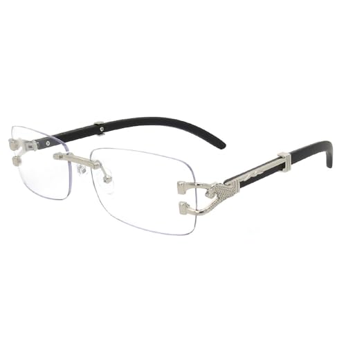 Pop Fashionwear Rimless Rectangular Clear Lens Metal & Wood Men Women Eye Fashion Glasses (Silver)