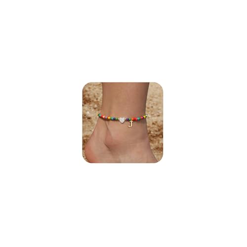 Honsny Ankle Bracelets for Women Initial Anklets Waterproof Boho Beaded Dainty Ankle Bracelets for Teen Letter Heart Handmade Adjustable Foot Chain Anklet Summer Vacation Colorful Jewelry Gift
