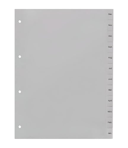 Ordnerregister Dez.-Jan. neutral ohne Deckblatt 12-teilig DIN A4 Register aus PP strapazierfähige Trennblätter für Ordner lichtgrau