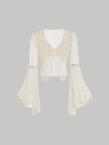 Verdusa Women's Lace Tops Tie Front Bell Long Sleeve Sheer Blouse Crop Tops2