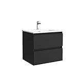 Salgar Mueble de baño Bequia 70 cm 100% montado de fábrica | Acabado Negro Mate suspendido 2 cajones Cierre amortiguado Apertura con uñero | Lavabo Porcelana Blanca | Marca