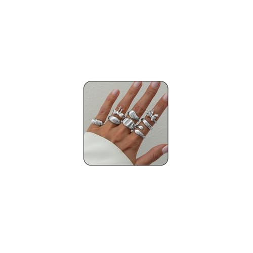 cotwdi Chunky Silver Rings for Women Non Tarnish Silver Chunky Rings Set Adjustable Thick Statement Ring Silver Stackable Ring for Women Trendy Fashion Jewelry (Style4)