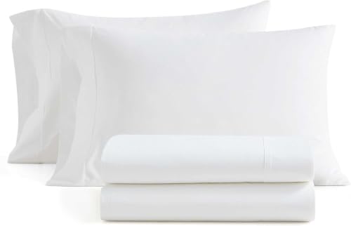 Image of Martha Stewart - Twin Size Sheets Set, Crisp & Tailored Cooling Sheets w /a Naturally Smooth Cotton Percale Lightweight Feel - Bed Sheets with Matching Pillowcase & Fitted Sheet (Skylands Solid White)