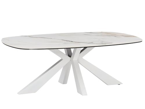 Vente-unique-Mesa de Centro de Cristal Templado, cerámica y Metal - Efecto mármol Blanco - DERIYA de Maison Céphy