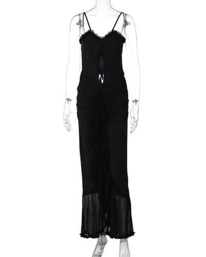 Image of houstil Women's Strap Ruffle Casual Summer Dress Mesh Beach Party Maxi Cocktail Evening Holiday Wedding Guest Dresses