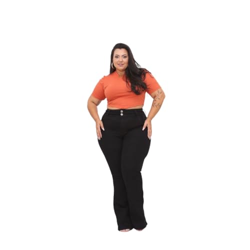 Calça Jeans Feminina Plus Size Flare Cintura Alta Com Lycra Preta (46, Preto)