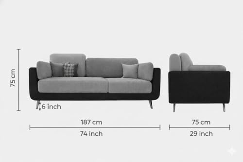 Image of 3 Seater Sofa Set for Living Room | 3-Person Upholstered Velvet Fabric Sofa Couch for Home and Office Guests | Blue & Beige | Modern Style | Small Pillow Included